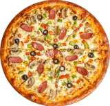 Une belle pizza au fromage, jambon, champignons, poivrons et peppéronis